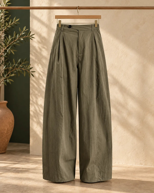 Diagonal Placket Patchwork Pleated Wide Leg Pants for Women  Casual Straight Fit Trousers