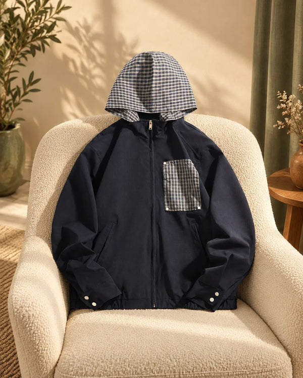 Checkered Patchwork Pocket Hooded Jacket Casual Commute Outerwear
