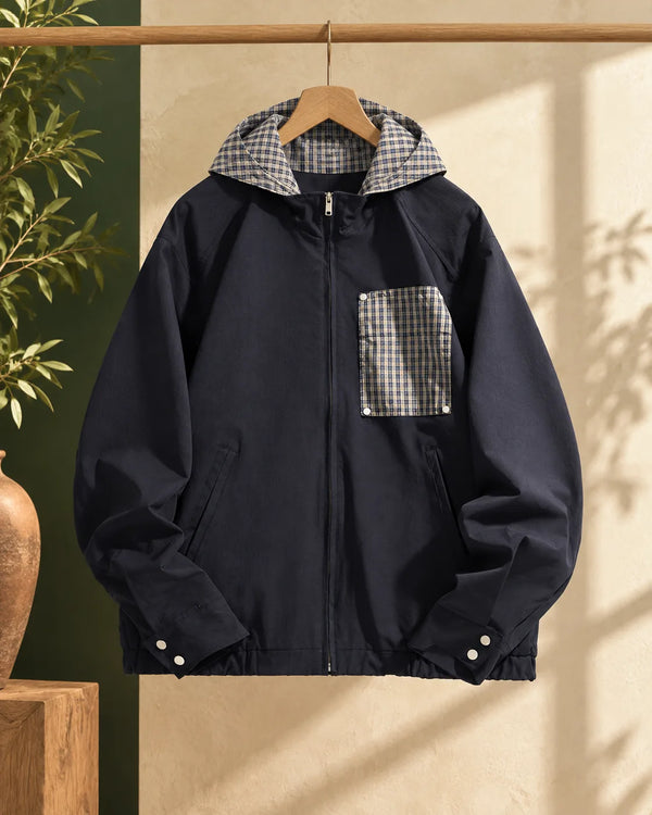 Checkered Patchwork Pocket Hooded Jacket Casual Commute Outerwear