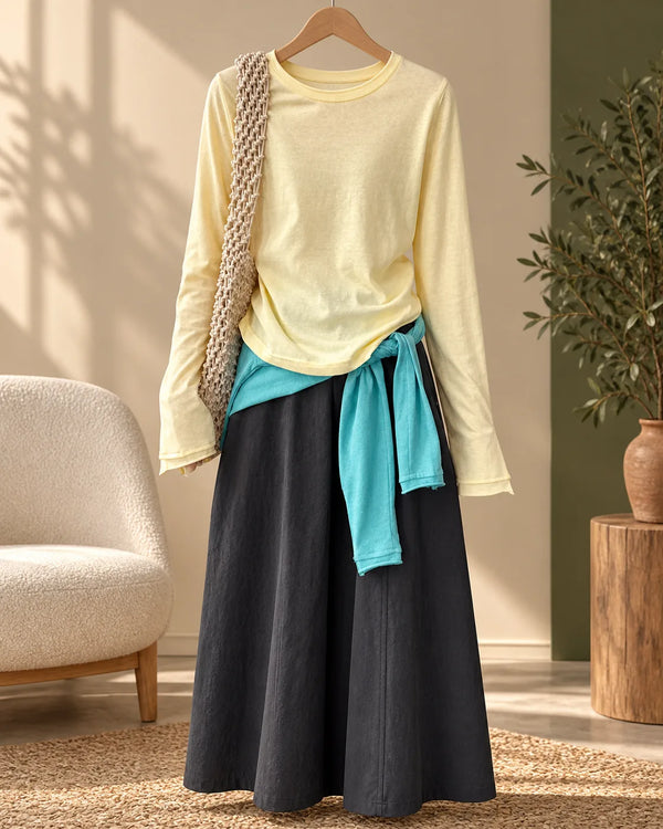 Simple and Versatile Regular Shoulder Double-Layer Rolled Cuff Round Neck T-Shirt with Button Detail Long Sleeve