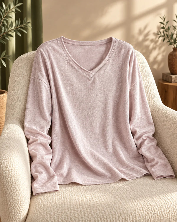 Relaxed long sleeve T-shirt for women, V-neck, snowflake cotton, inner wear or outer layer, straight shoulder, fashionable basic, loose fit, slimming top