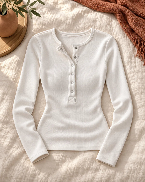 Feminine Henley Neck Long Sleeve T-Shirt for Women, Fitted Slim Design, Buttoned Crew Neck, Regular Shoulder