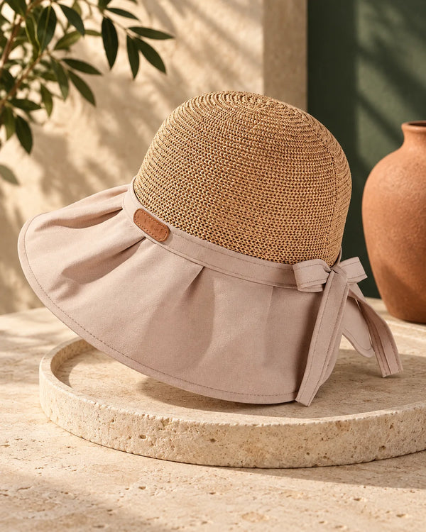Ladies Bow Sun Hat Pleated Big Brim Stitching Fisherman Hat Elegant Temperament Sun Protection Hat Breathable Sun Hat