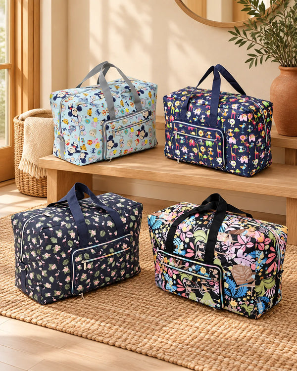 Foldable Travel Bag Women Large Capacity Portable Shoulder Duffle Bag Cartoon Printing Waterproof Weekend Luggage Tote