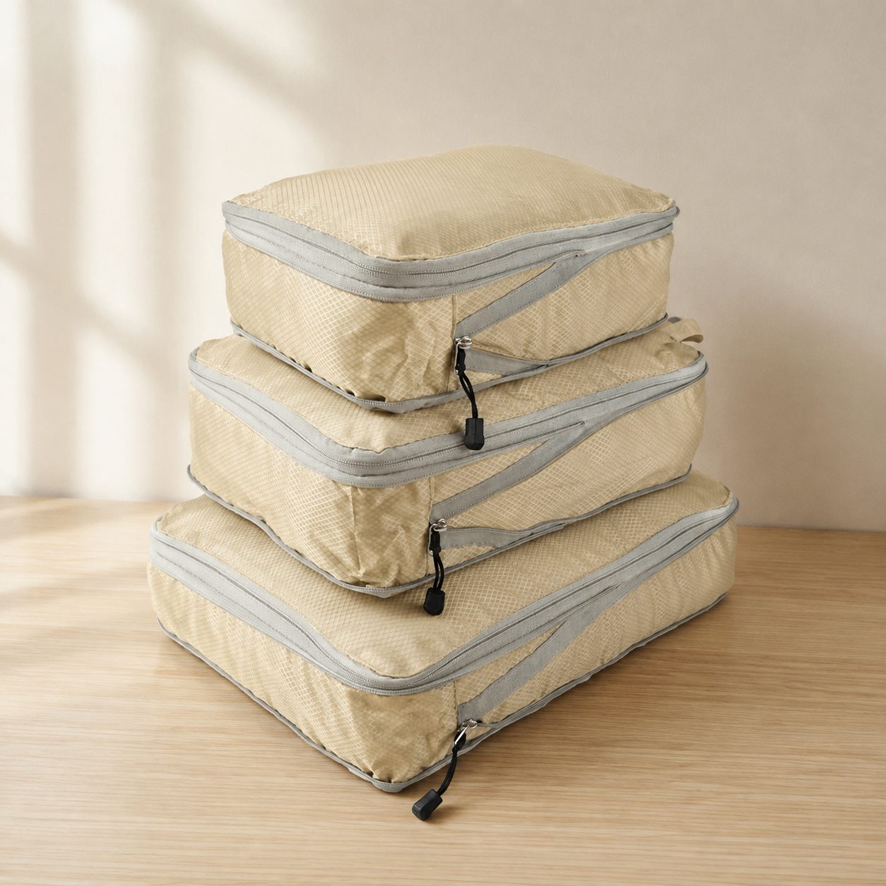 Three beige compression cubes stacked on a cream surface