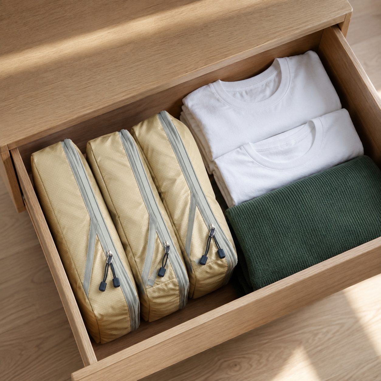 Beige compression cubes in an open dresser drawer