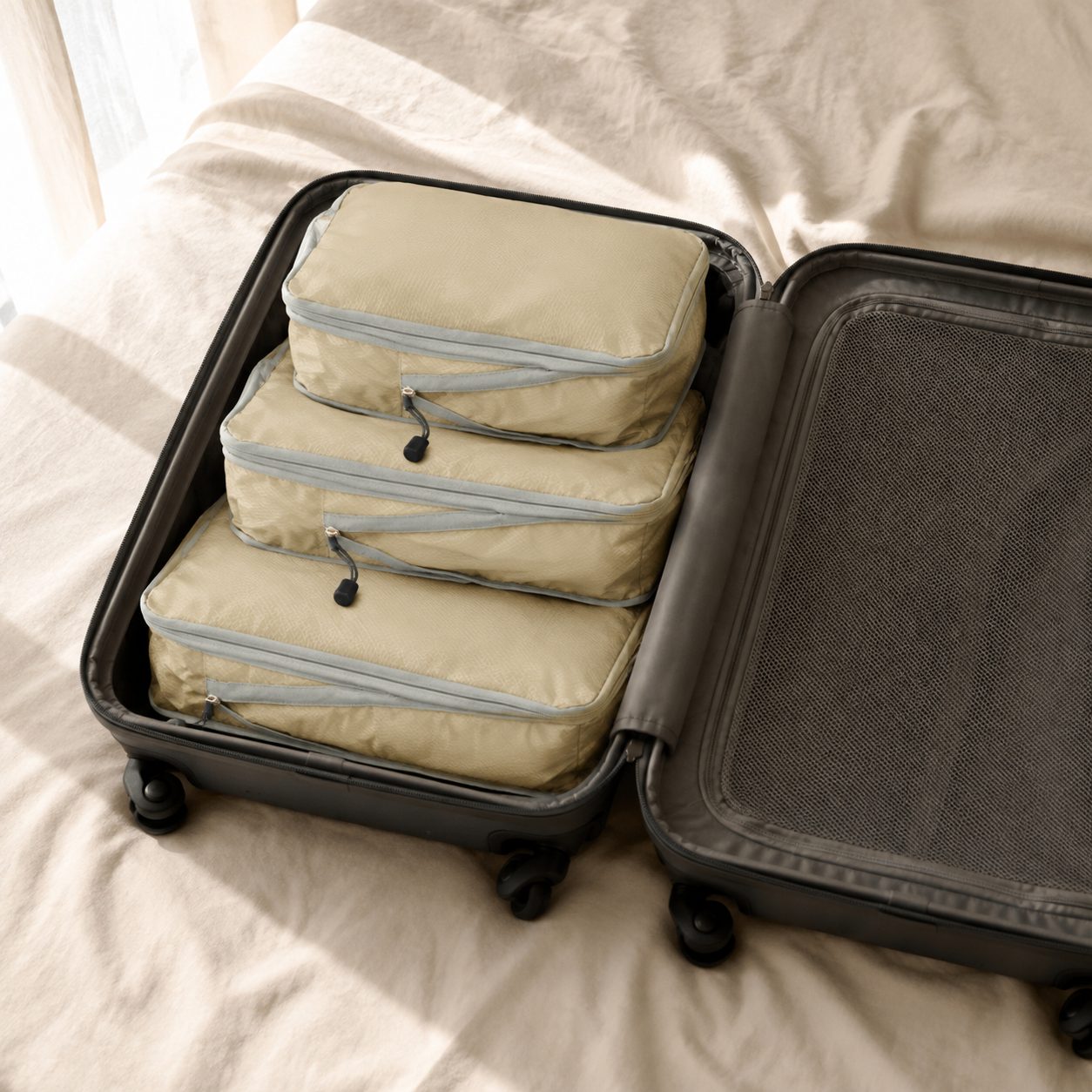 Beige compression cubes packed in an open carry-on