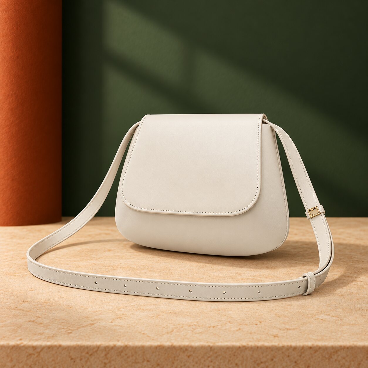 Cream saddle crossbody bag with a gold clasp