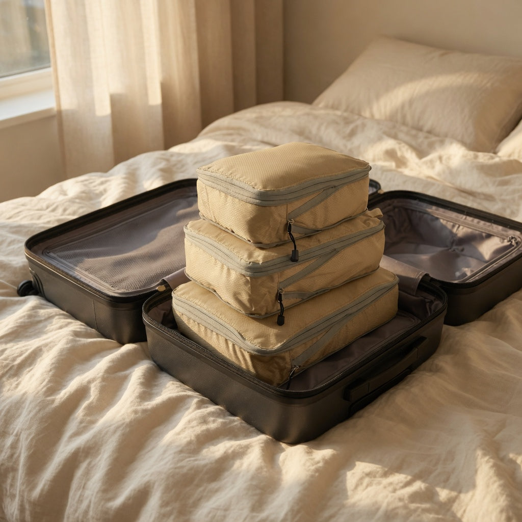 Packing cubes in an open suitcase on a bed