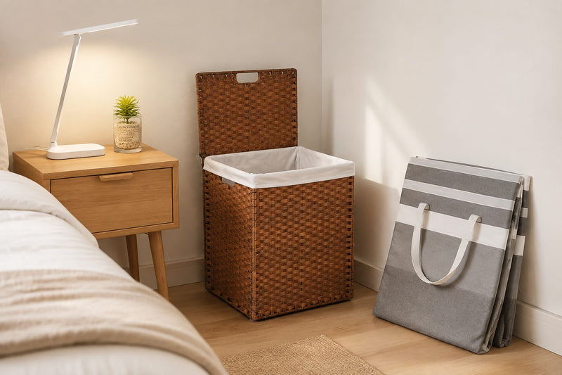 At home: a desk lamp and laundry hampers