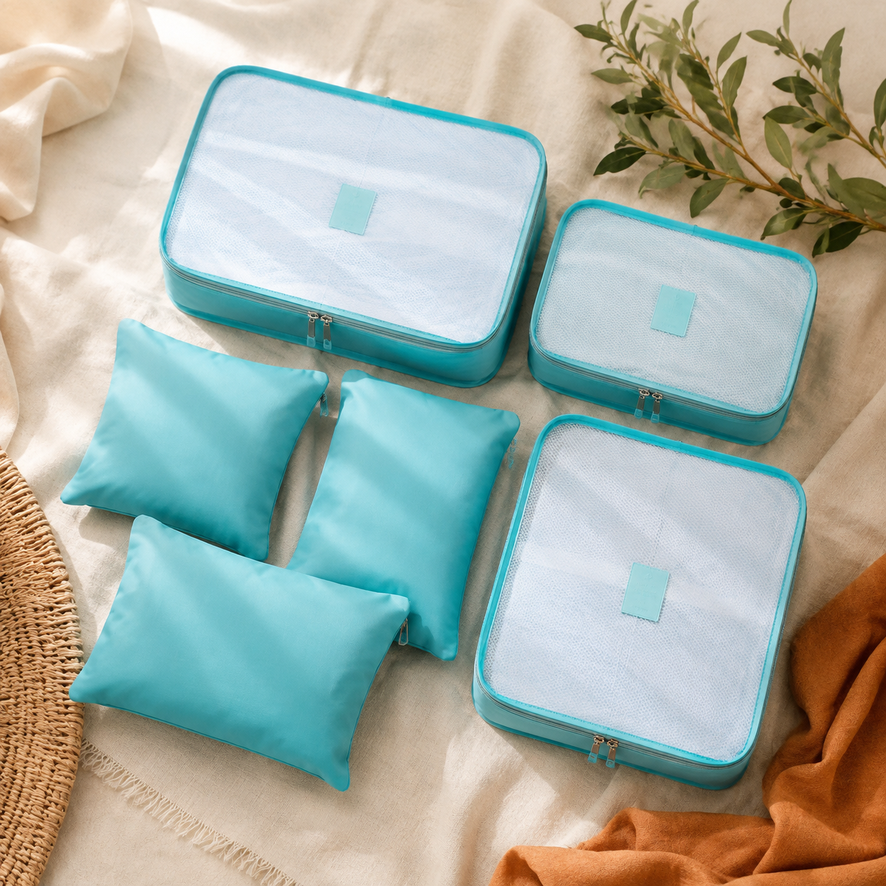 Six aqua packing cubes on warm ivory linen