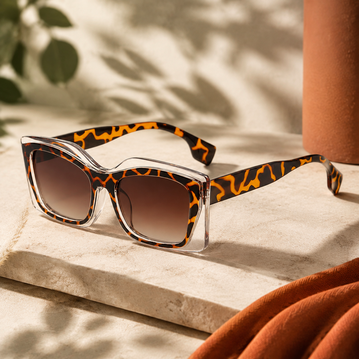 Tortoiseshell sunglasses on ivory linen