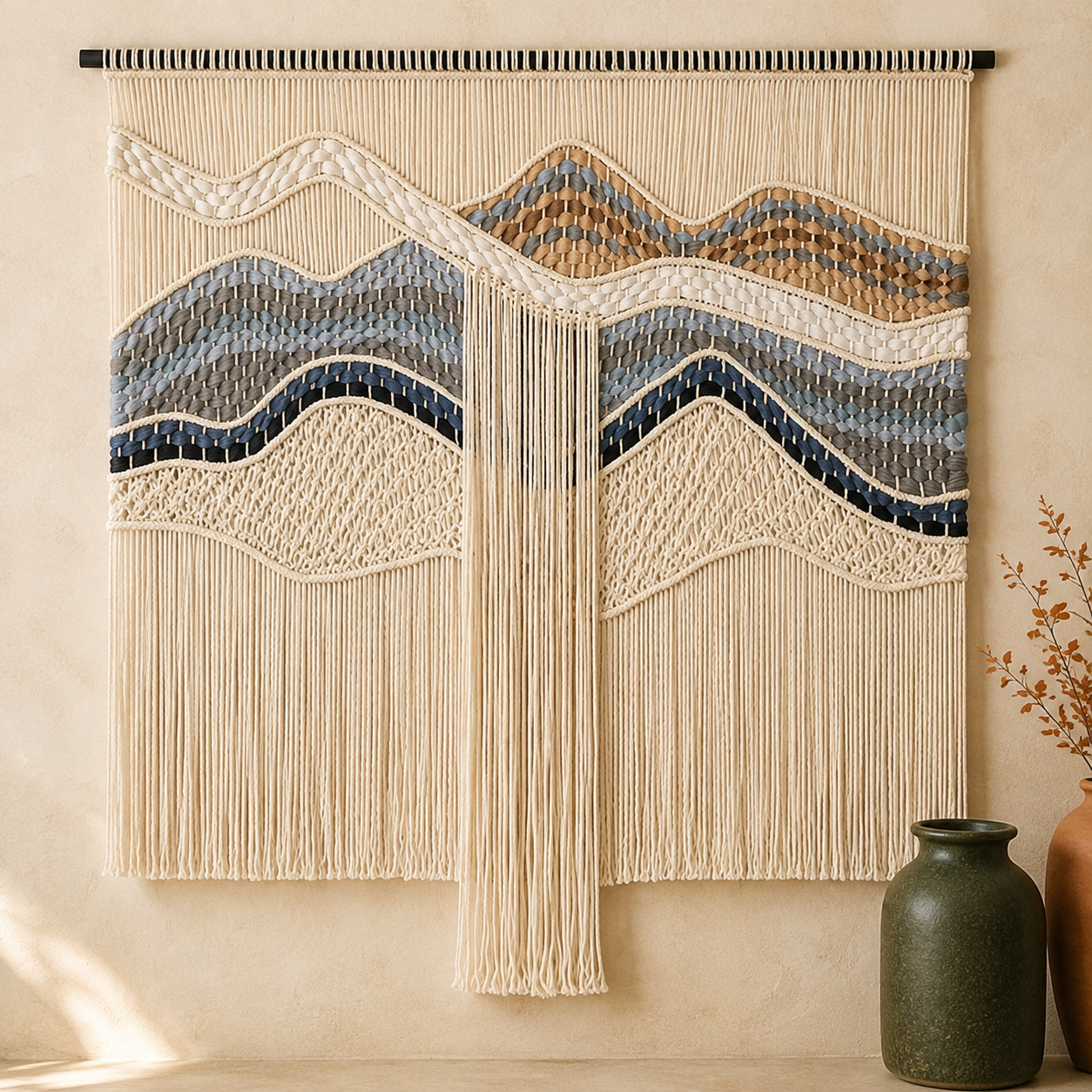 Hand-woven tapestry textile on a warm ivory backdrop