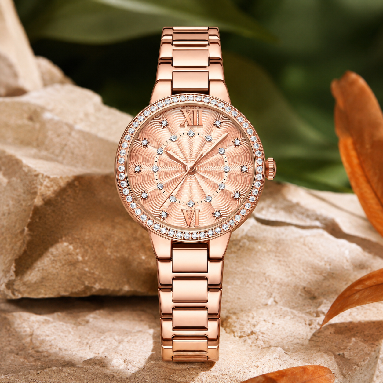Rose-gold womens watch on warm ivory linen
