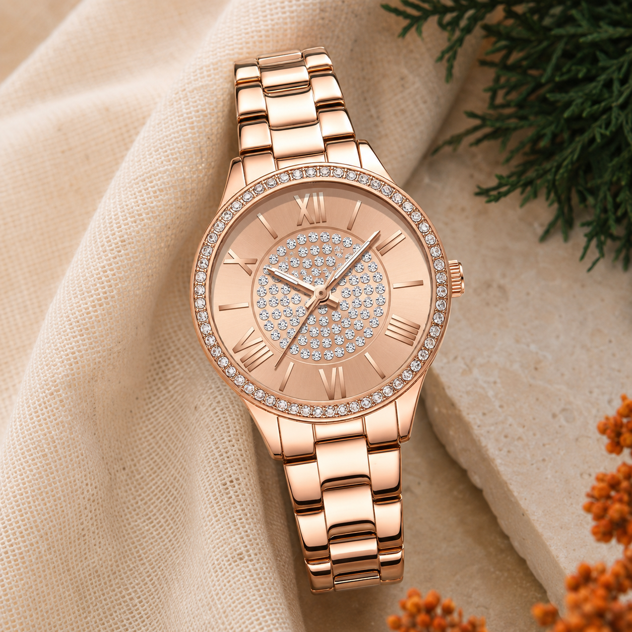 Rose-gold quartz womens watch on warm ivory linen