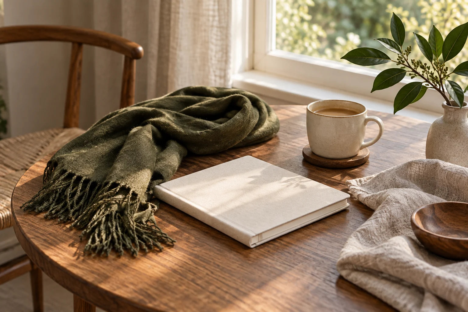 Editorial still life of a scarf, notebook and mug on a table beside a sunlit window.