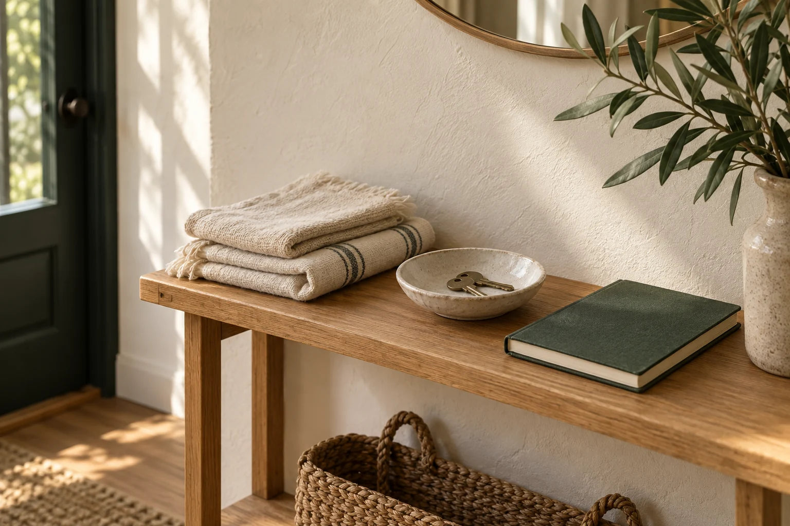 Editorial still life of a console table with folded towels, keys and a notebook, with a basket below.