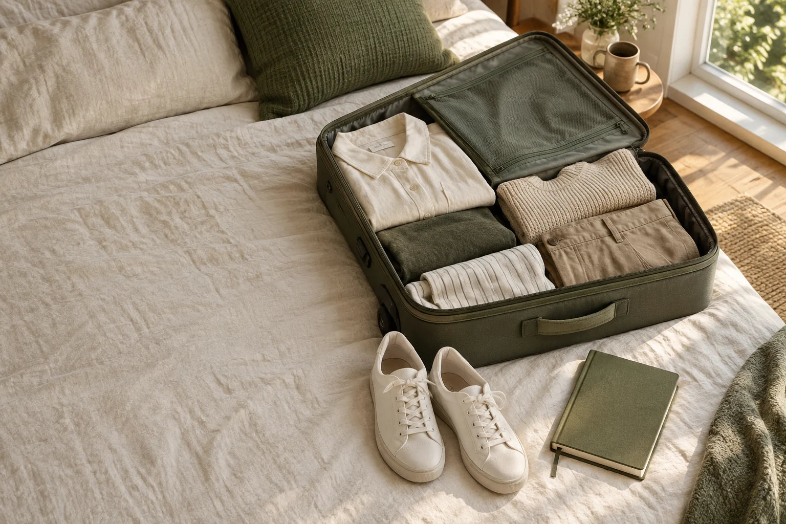 Editorial still life of an open olive suitcase with folded clothing, with shoes and a notebook beside it.
