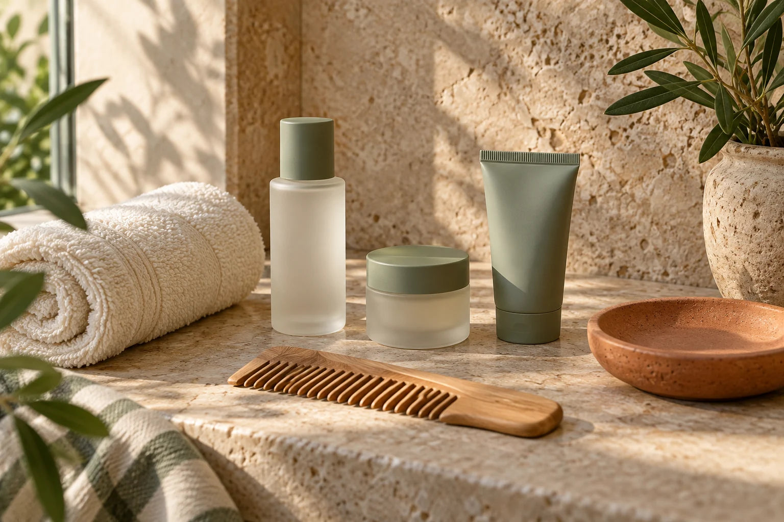 Editorial still life of a bottle, jar and tube beside a rolled towel, comb and shallow dish.