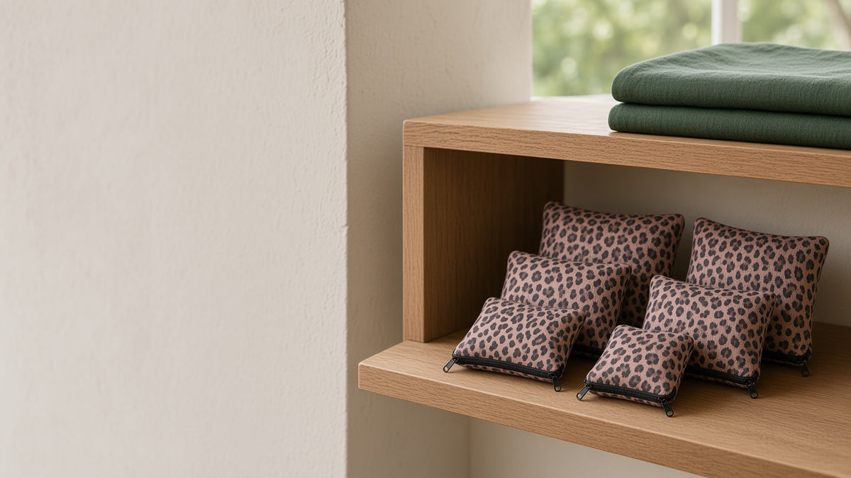 Six Oxford leopard packing pouches on a pale oak shelf