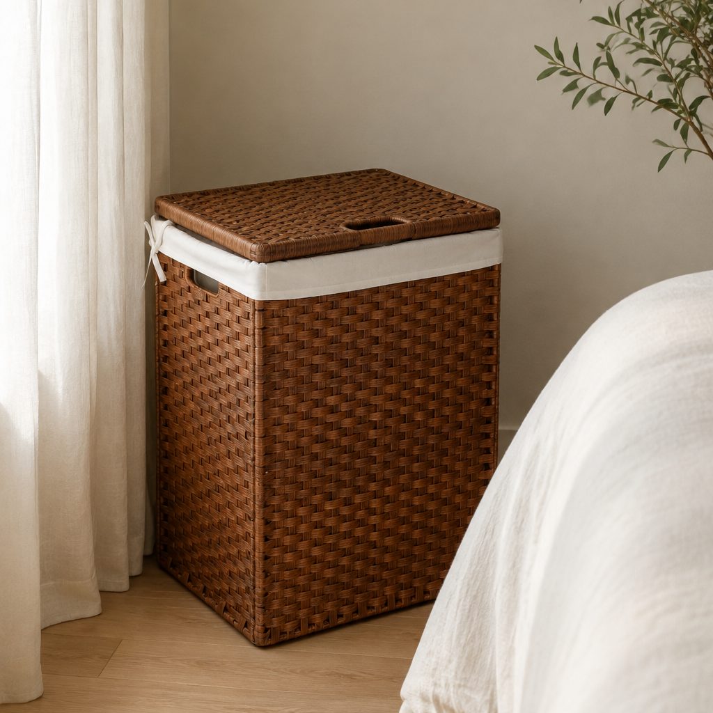 Laundry Hamper With Lid PE Rattan Powder Coating Frame Clothes Hampers with 02 Removable Bags, 100L, Brown Color