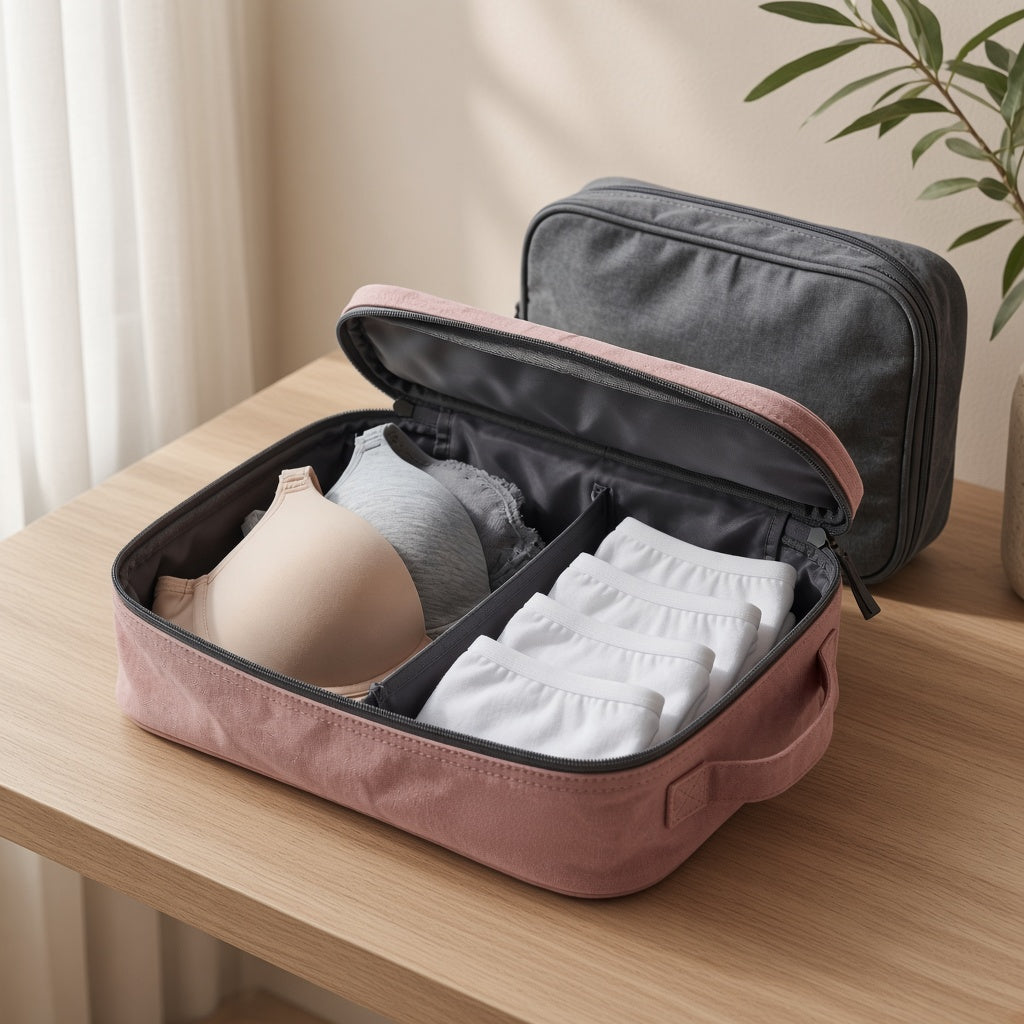 Washed-fabric underwear organizer open on a wood shelf