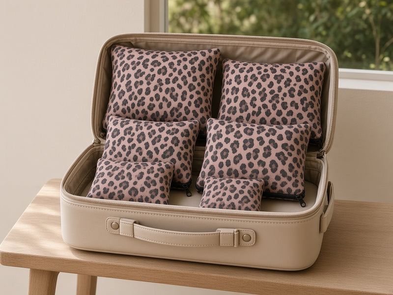 On the move: six Oxford leopard packing pouches in an open carry-on