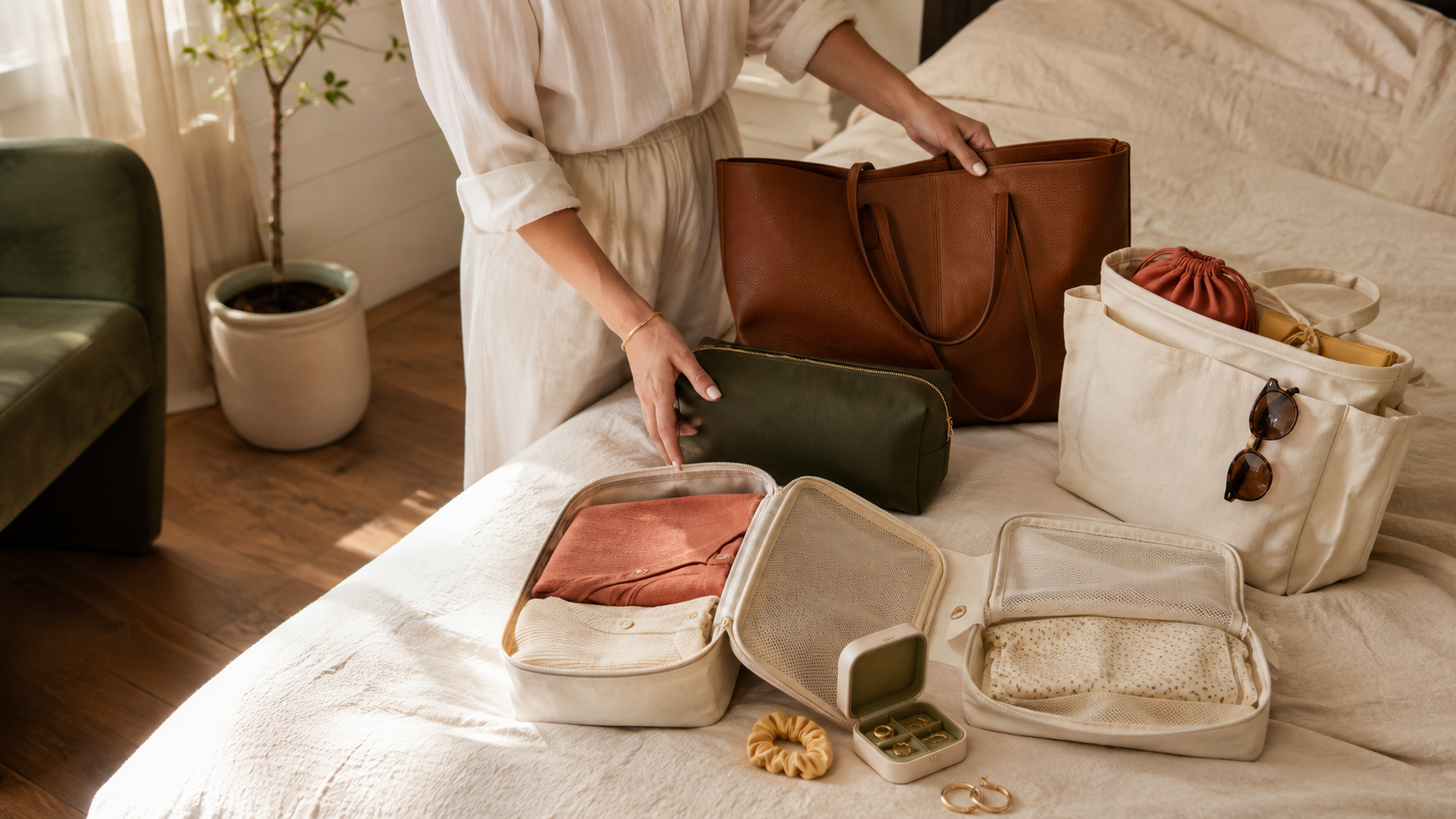 a woman arranging a leather tote, travel organizer, sunglasses, and canvas carry bag on a sunlit bed