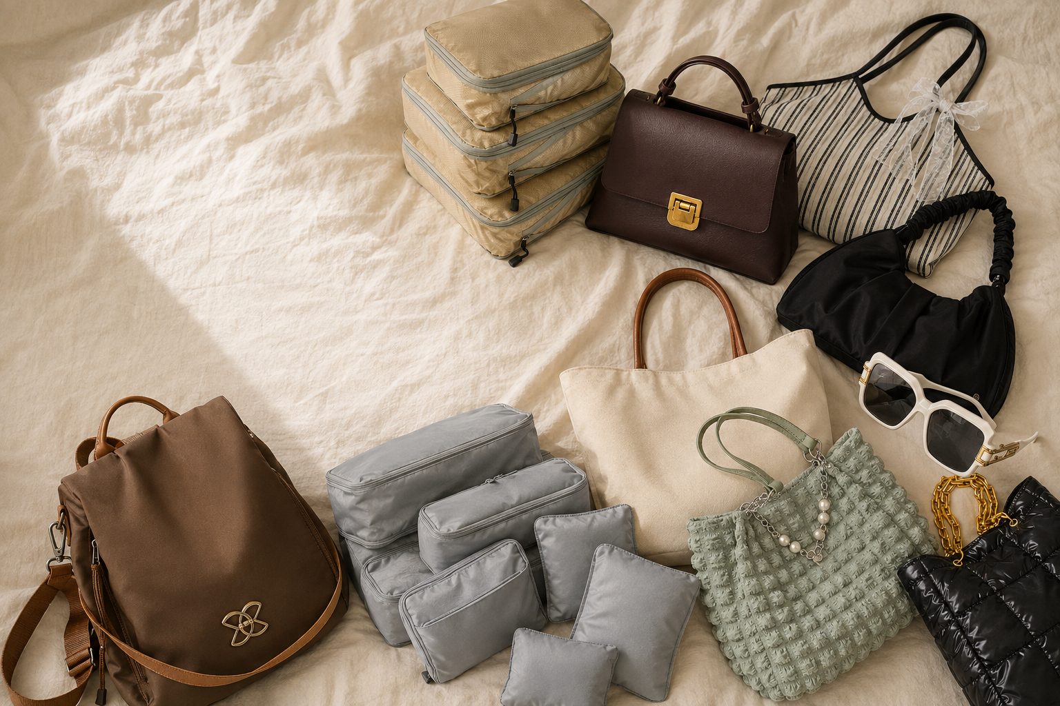 Packing cubes, totes, a backpack and sunglasses laid out on a linen bed. Every item is a Cedar and Kite product.